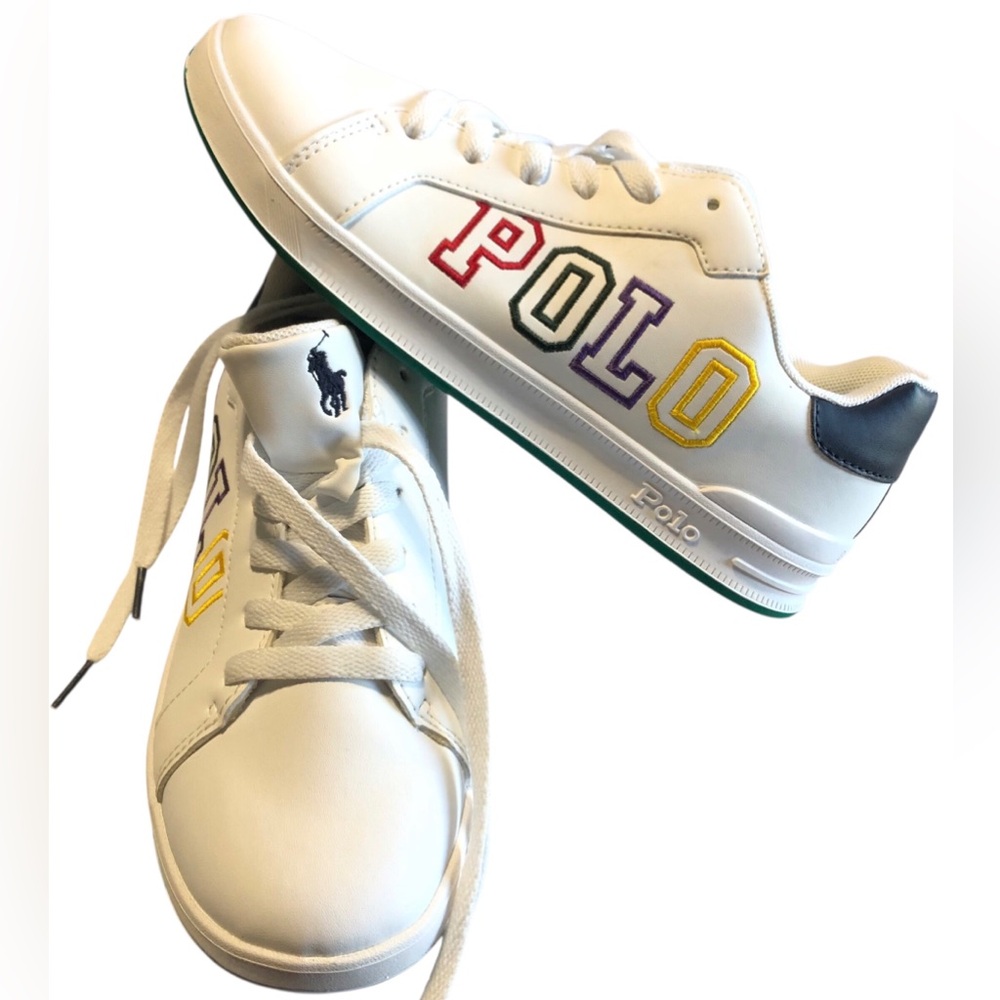 Polo by Ralph Lauren Kids White Sneakers with Multicolor Logo.Size 5 Embroidered - Picture 1 of 10